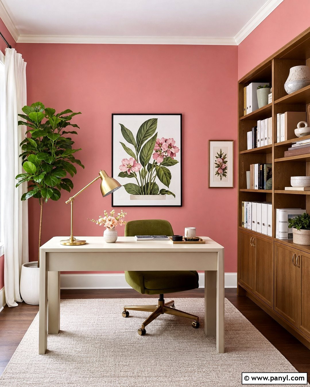 Candy Pink Home Office With Green Decor - 20 Candy Pink Wall Paint Ideas