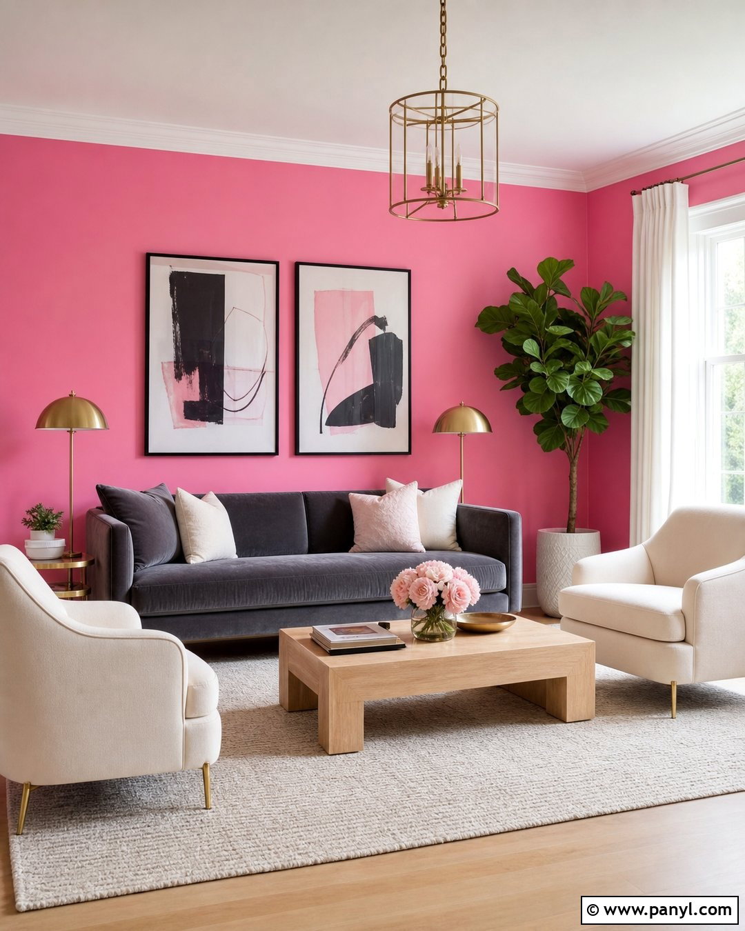 Candy Pink Living Room With Charcoal Sofa - 20 Candy Pink Wall Paint Ideas