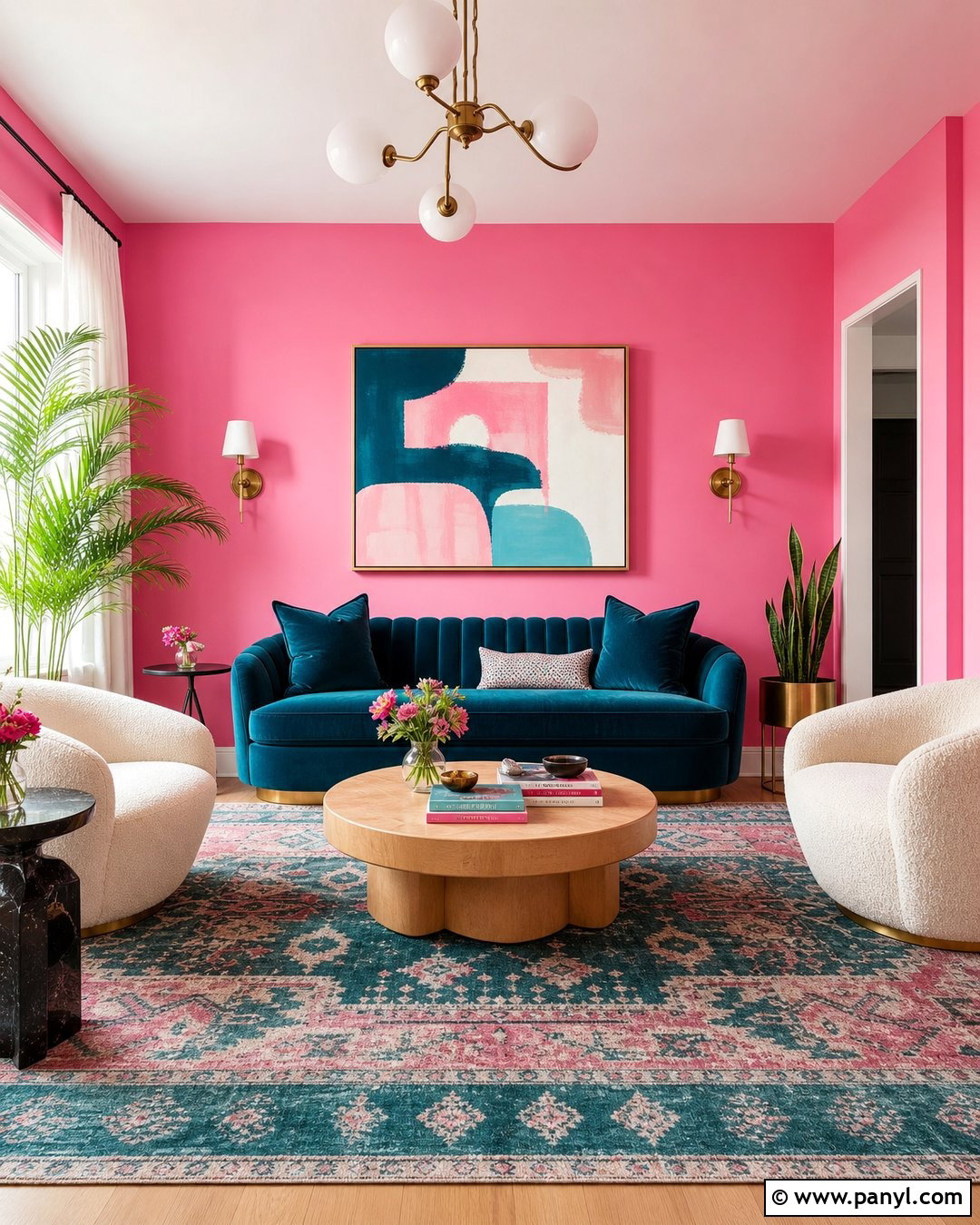 Candy Pink Living Room With Teal Sofa - 20 Candy Pink Wall Paint Ideas