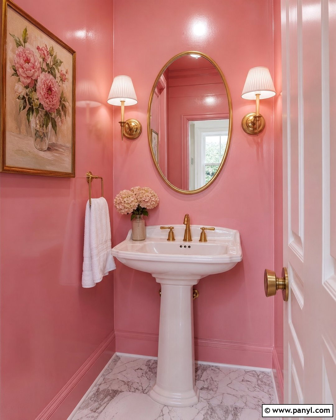 Candy Pink Powder Room With Brass Fixtures - 20 Candy Pink Wall Paint Ideas