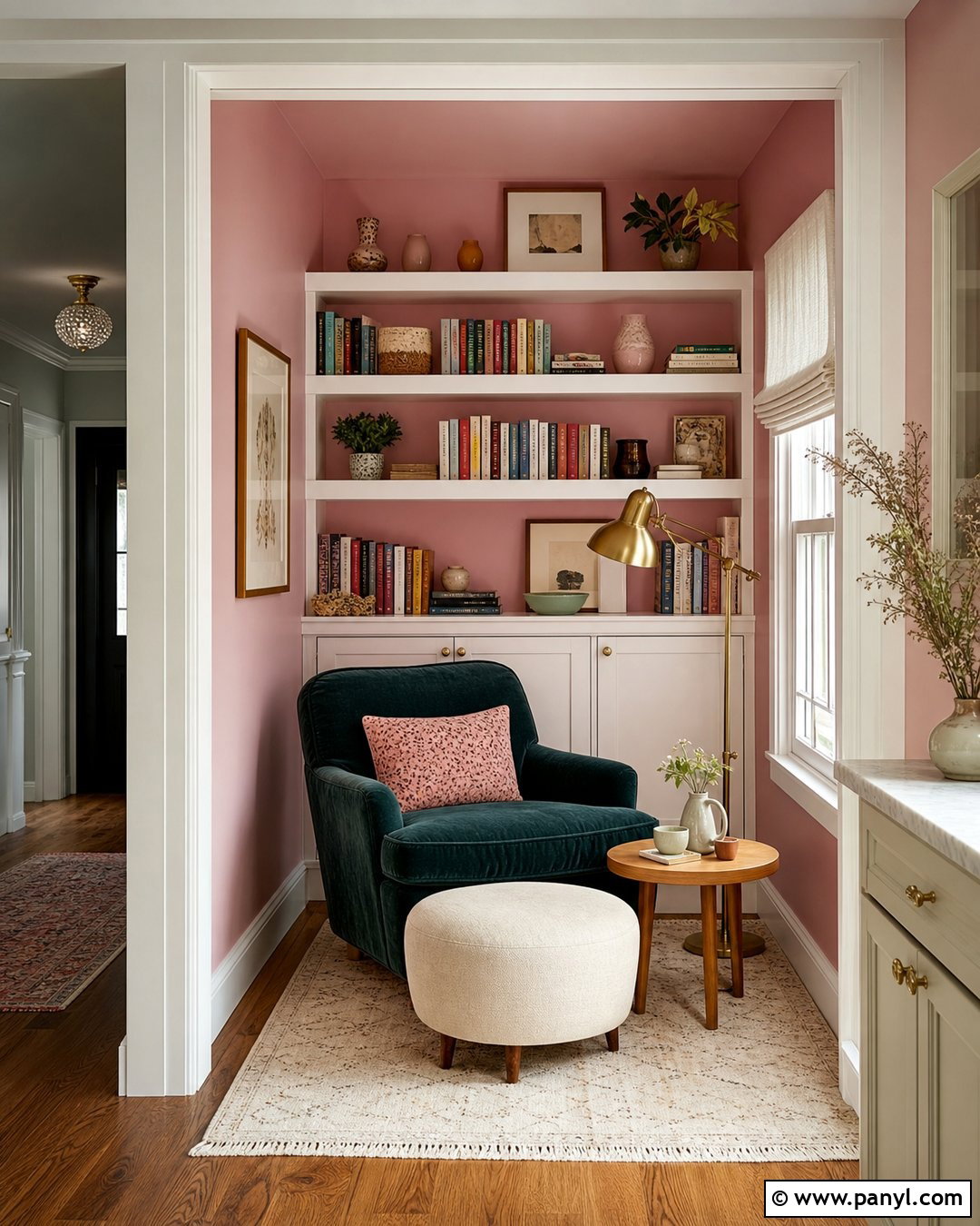 Candy Pink Reading Nook With Built-In Shelves - 20 Candy Pink Wall Paint Ideas