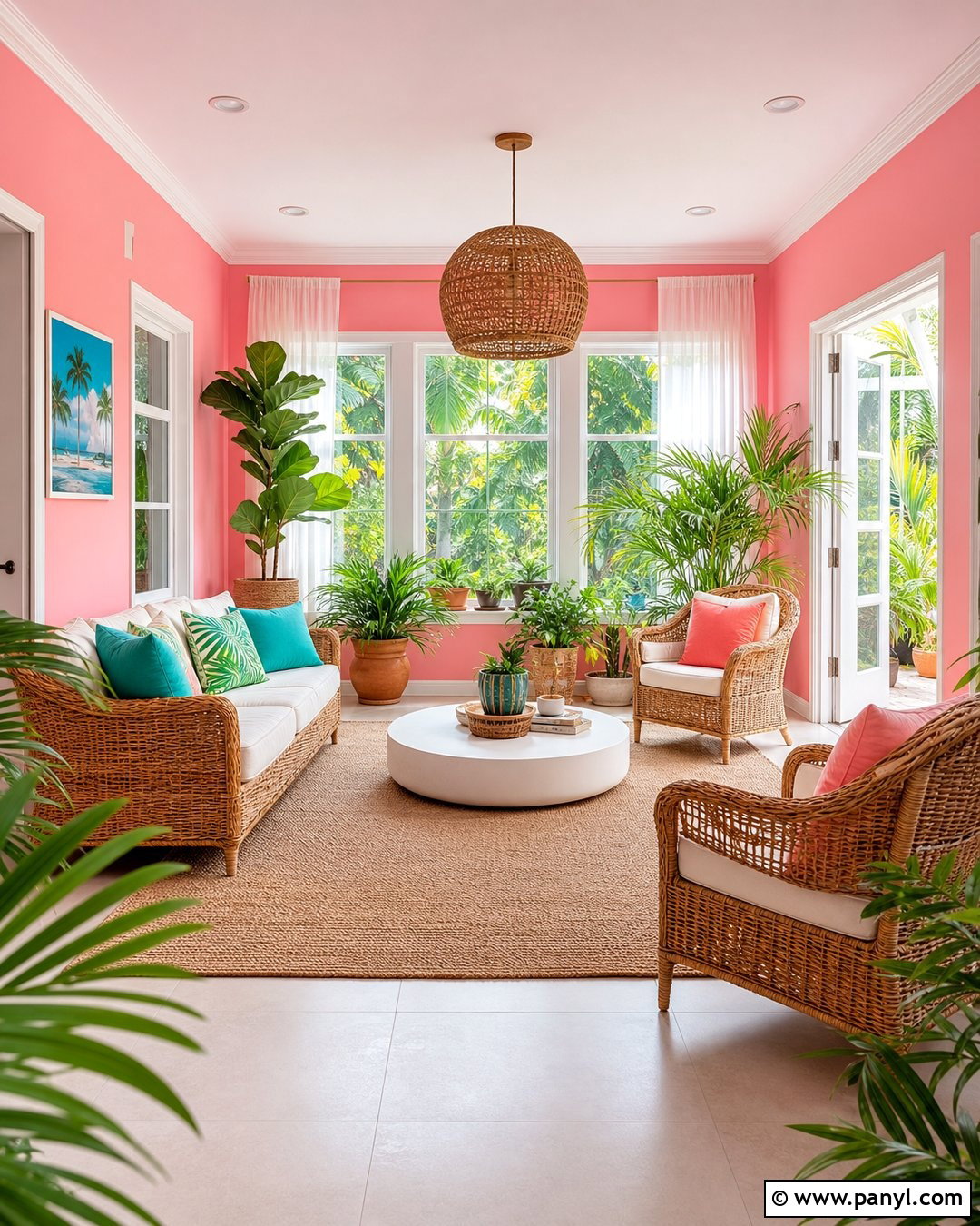Candy Pink Sunroom With Rattan Furniture - 20 Candy Pink Wall Paint Ideas