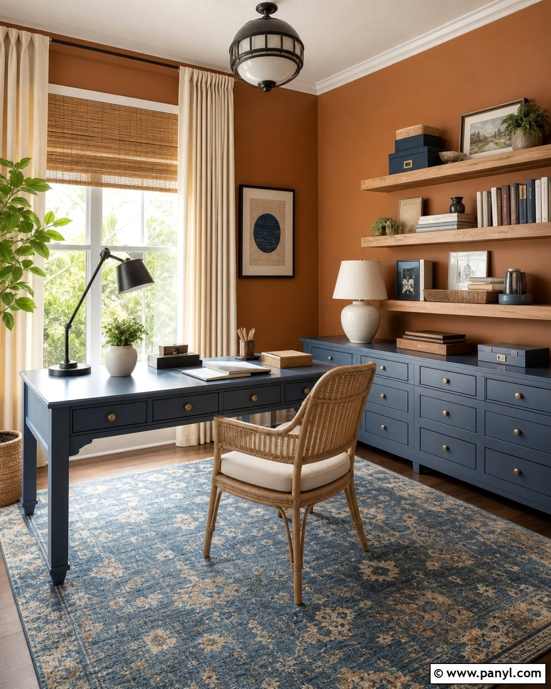 Caramel Walls Home Office With Blue Furniture - 25 caramel walls