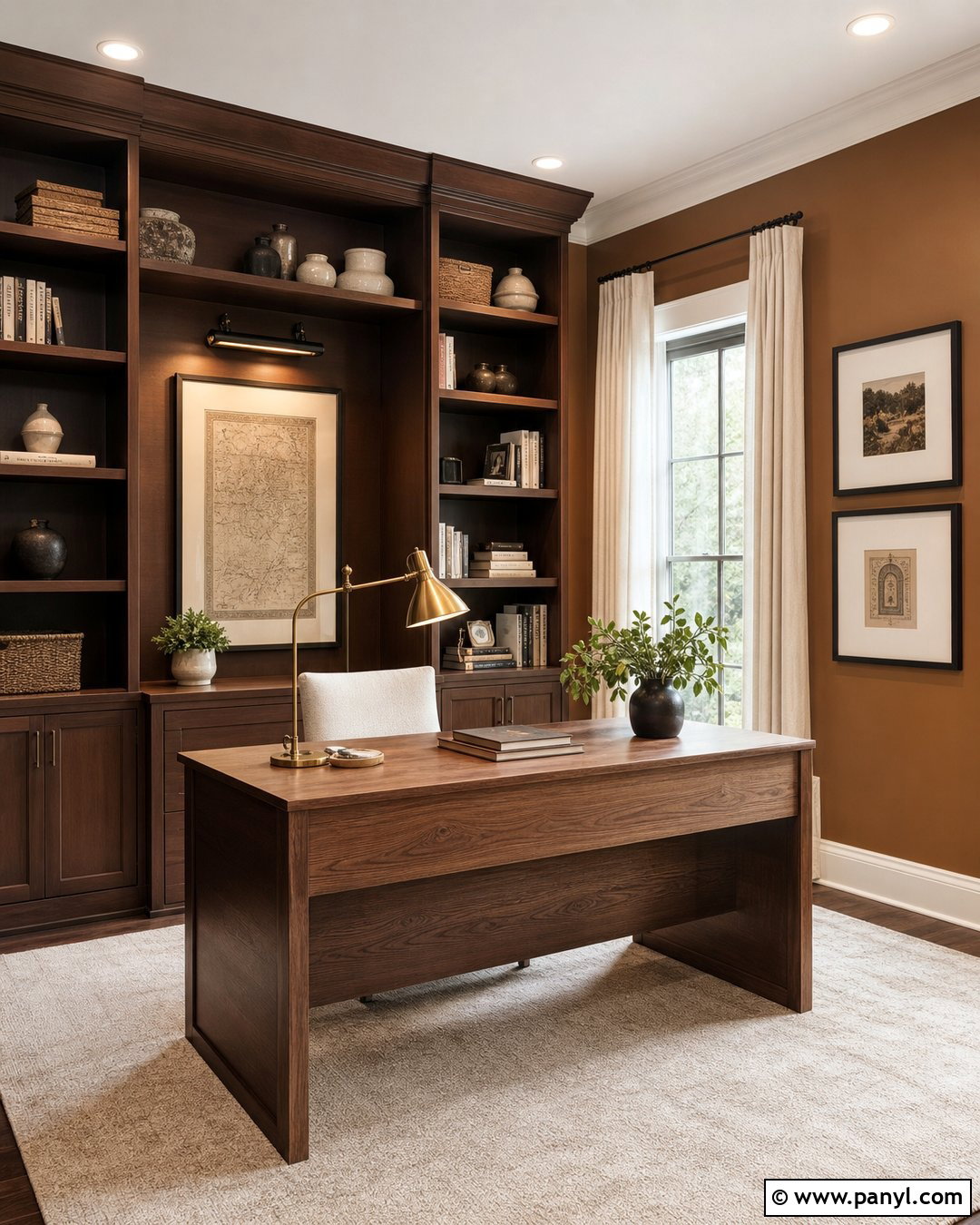 Caramel Walls Home Office With Built-In Shelves - 25 caramel walls