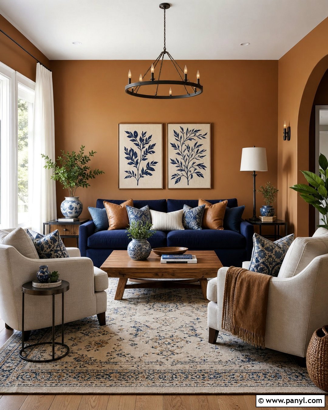 Caramel Walls Living Room With Navy Accents - 25 caramel walls