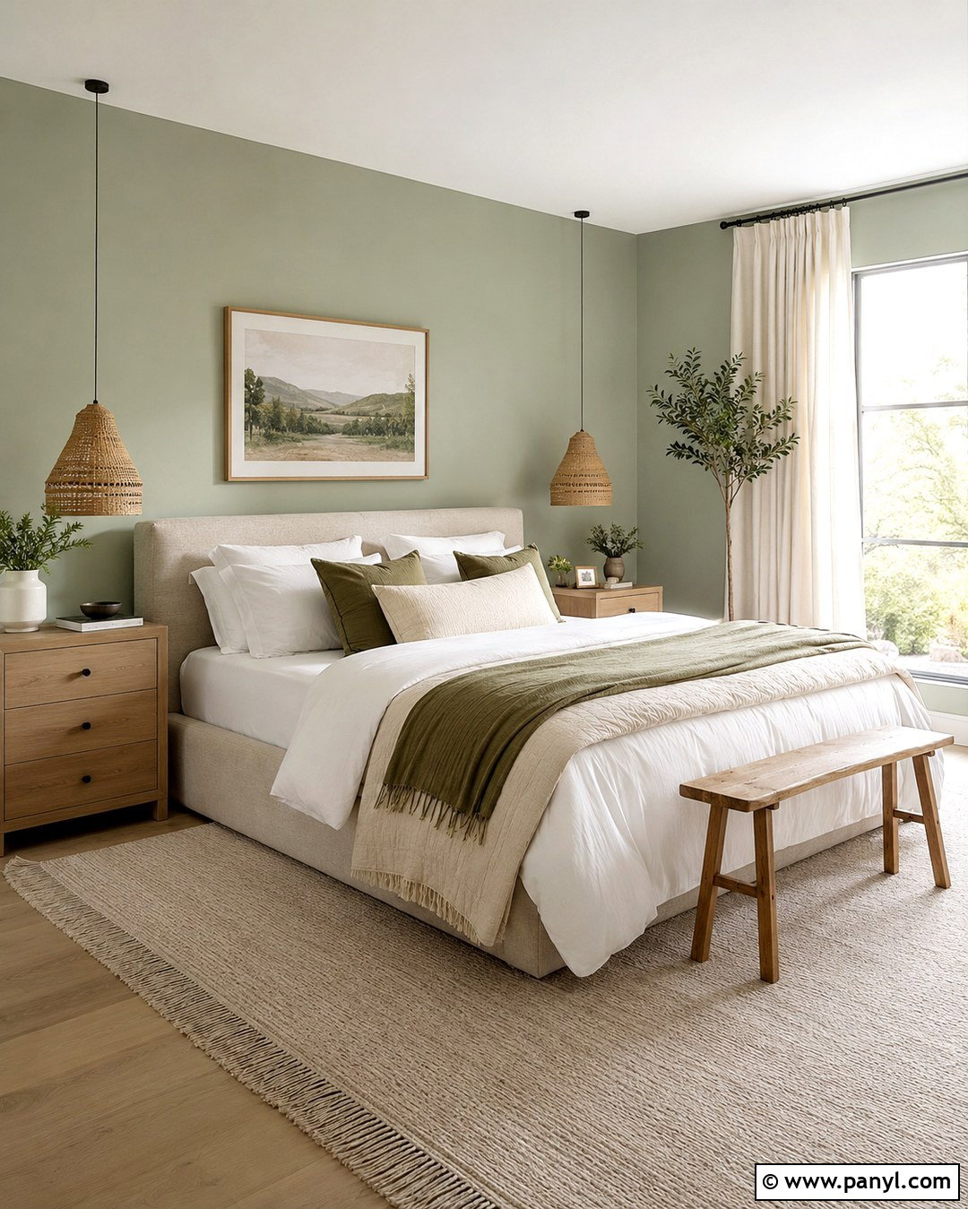 Celadon Green Bedroom Walls With Warm White Bedding - 20 Celadon Green Walls