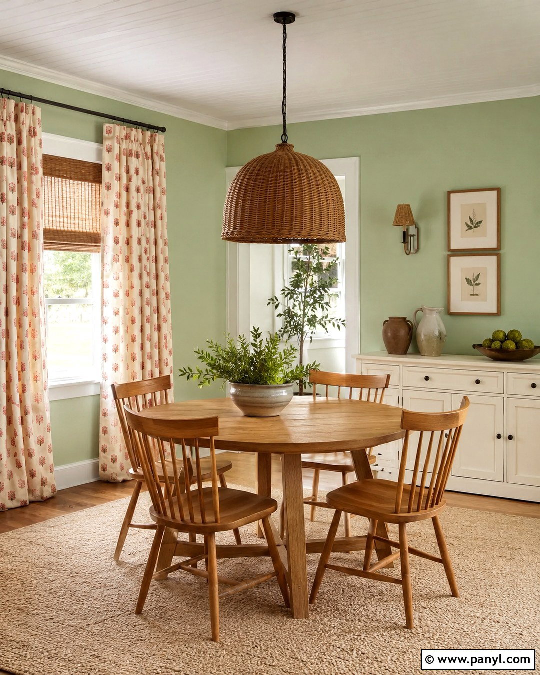 Celadon Green Dining Room With Patterned Red Curtains - 20 Green Walls Red Curtains