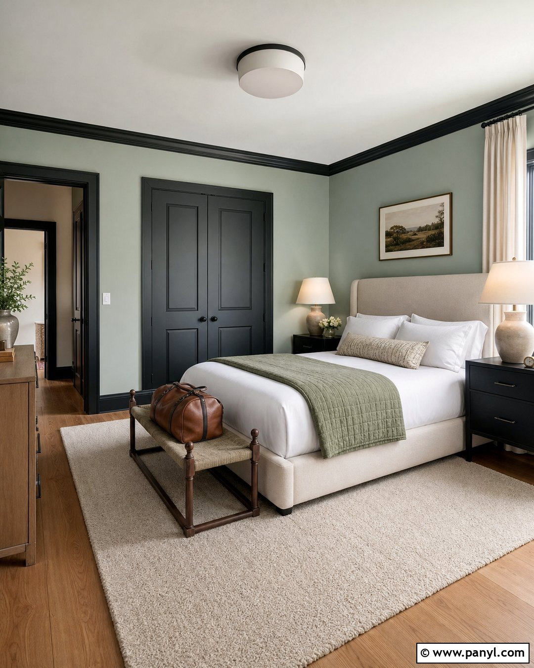 Celadon Green Guest Bedroom With Black Trim - 25 Green Walls With Black Trim Ideas
