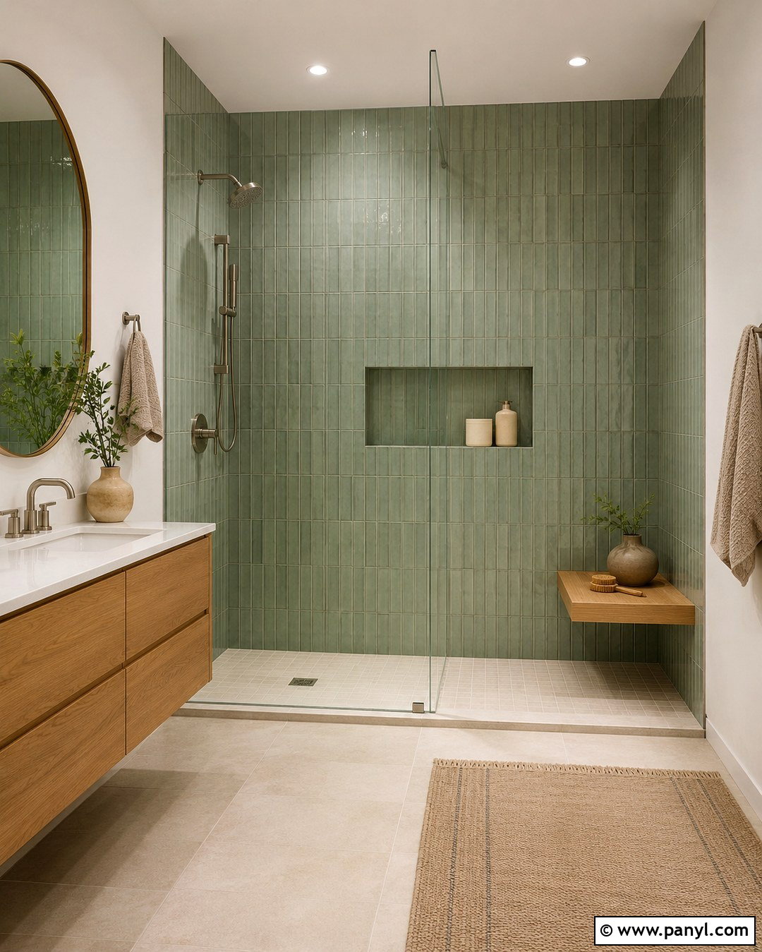 Celadon Green Japandi Shower Wall - 20 Green Accent Wall Shower Ideas