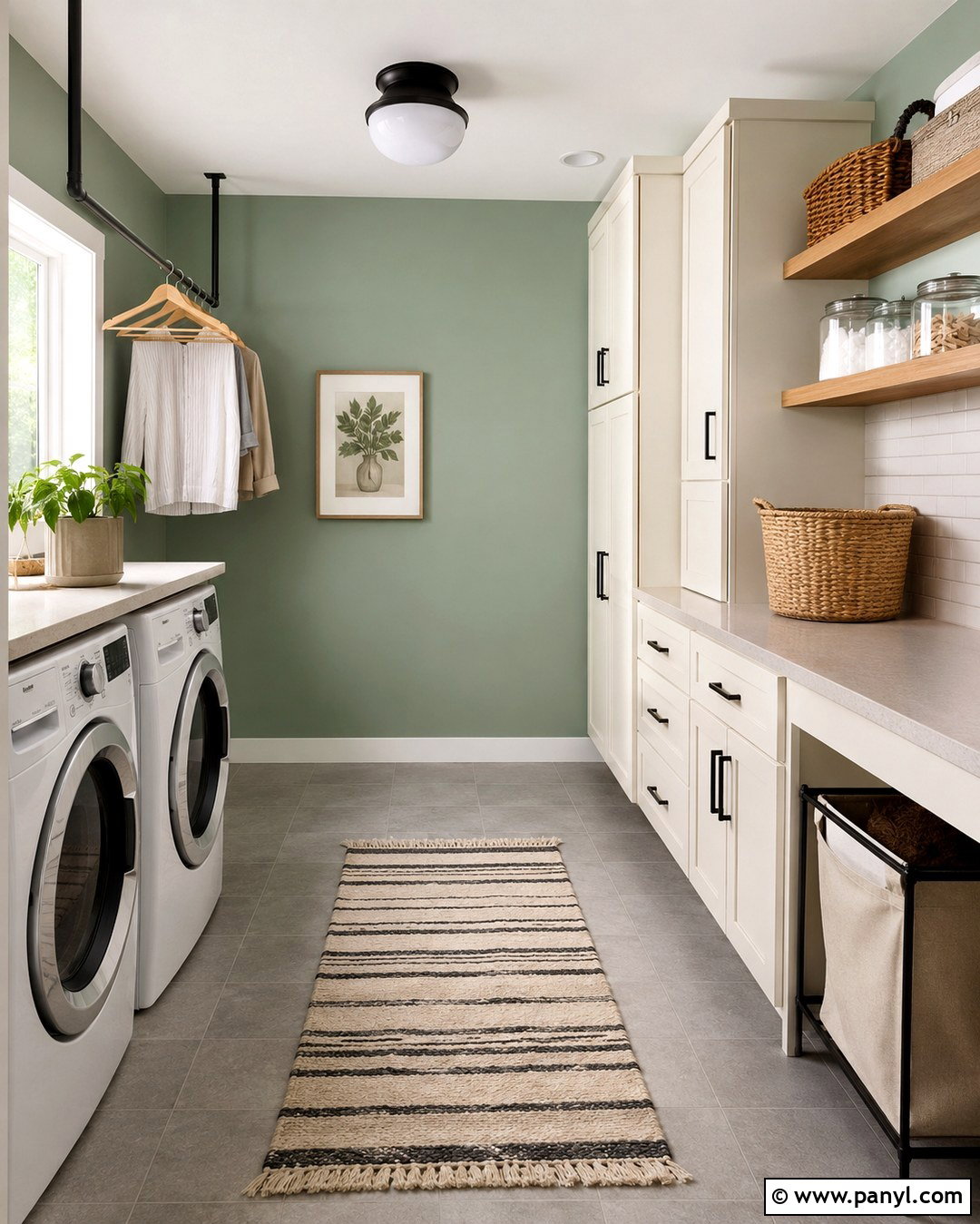 Celadon Green Laundry Room Walls With White Storage - 20 Celadon Green Walls