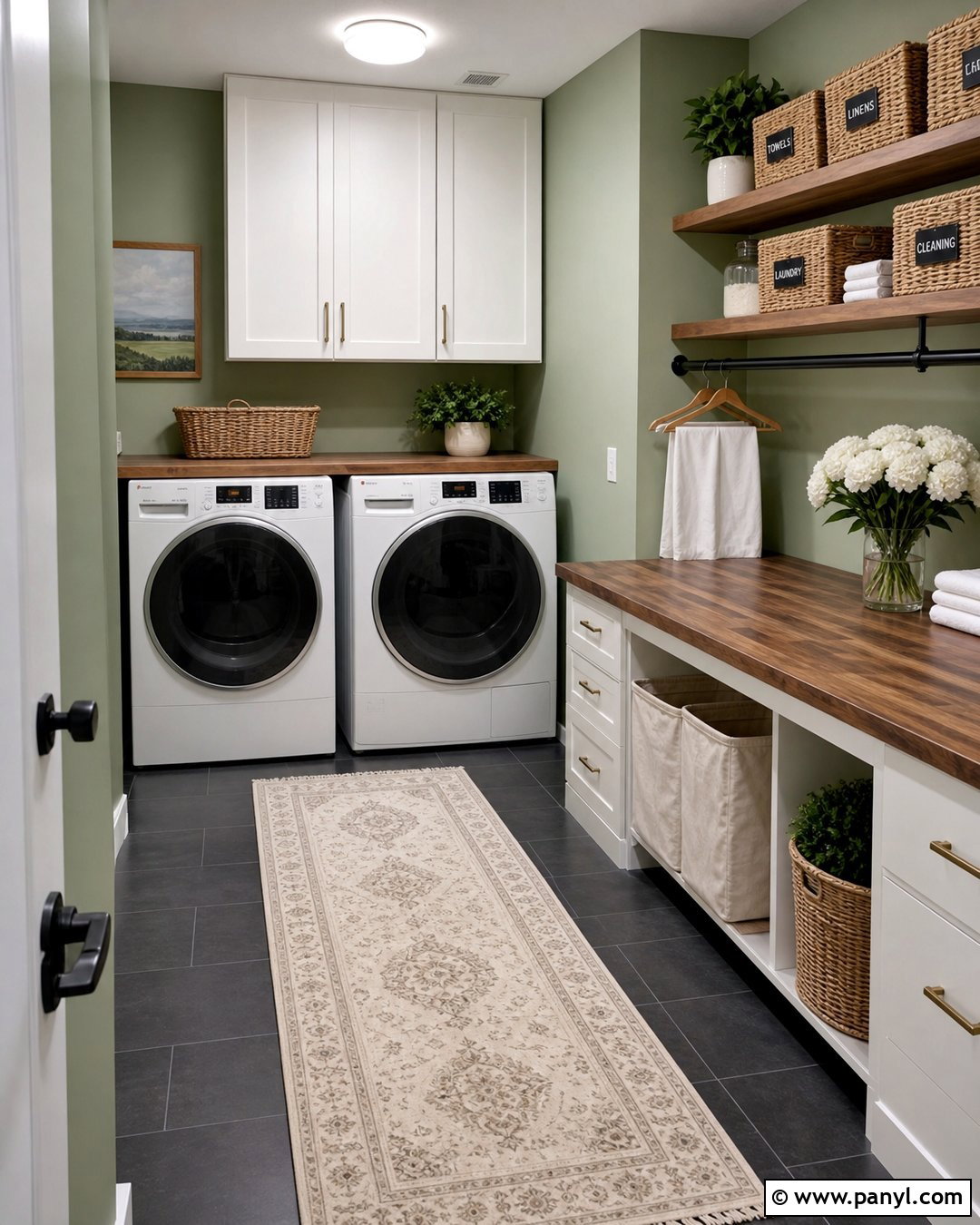 Celadon Green Laundry Room With Dark Tile Floors - 20 Light Green Walls Dark Floors
