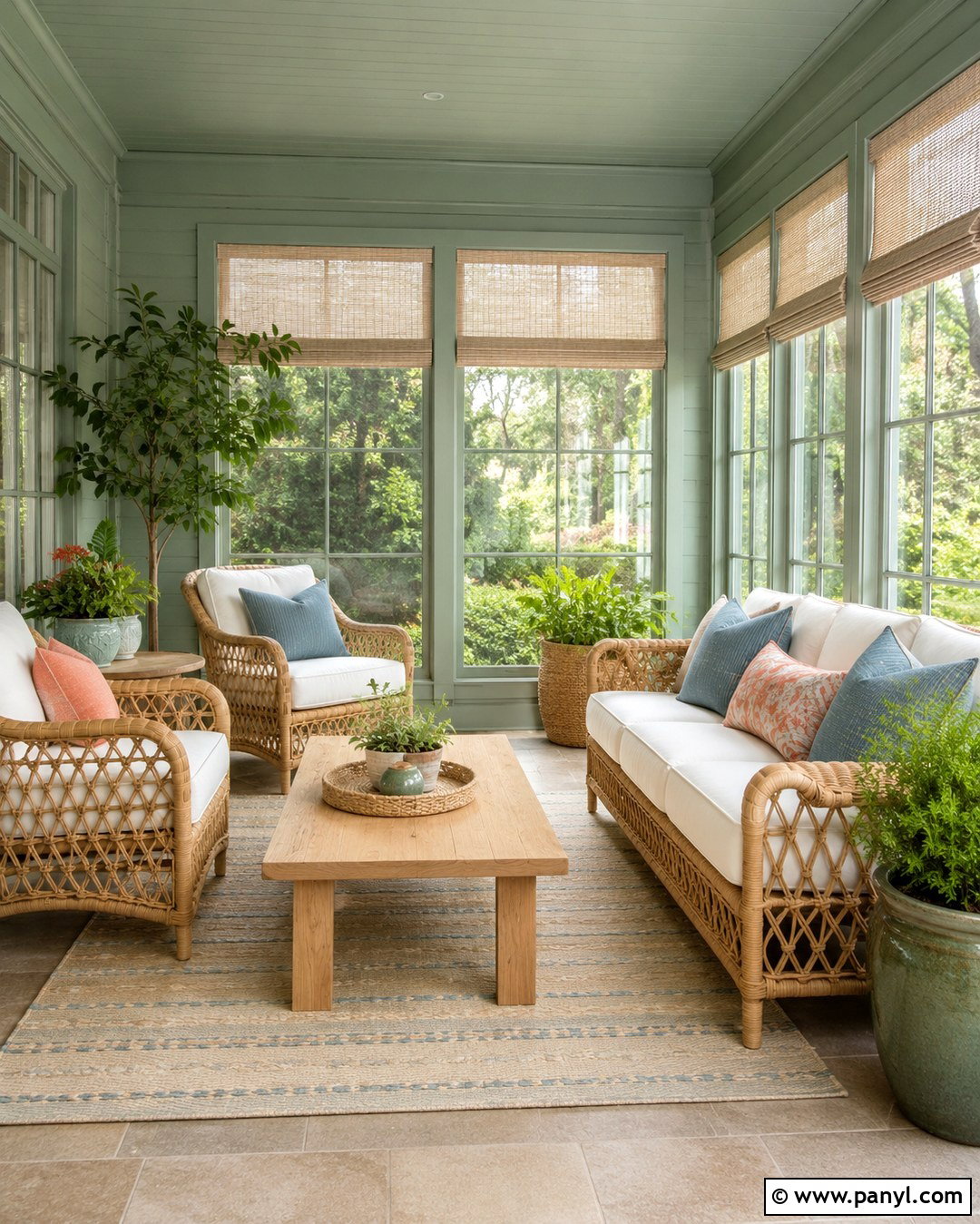 Celadon Green Sunroom Walls With Rattan Furniture - 20 Celadon Green Walls