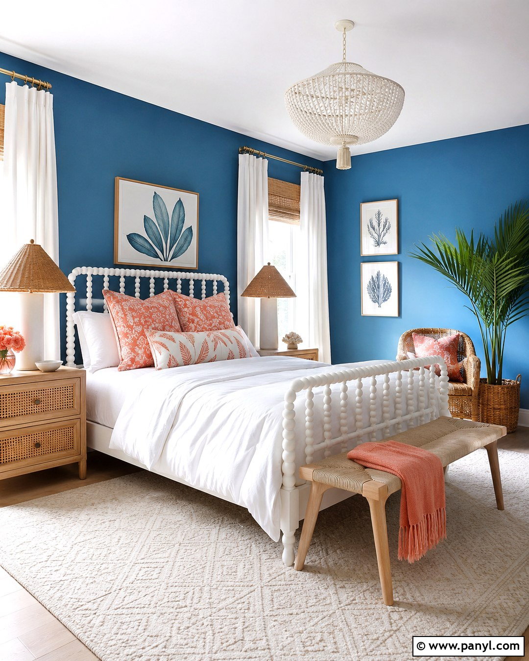 Cerulean Blue Wall With Coral Accents - 20 Cerulean Blue Wall Ideas