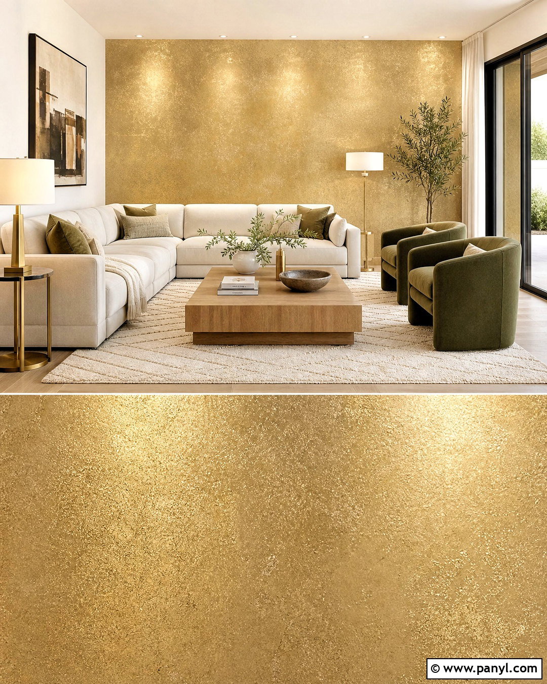 Champagne Gold Shimmer Living Room Wall - 20 gold shimmer wall ideas
