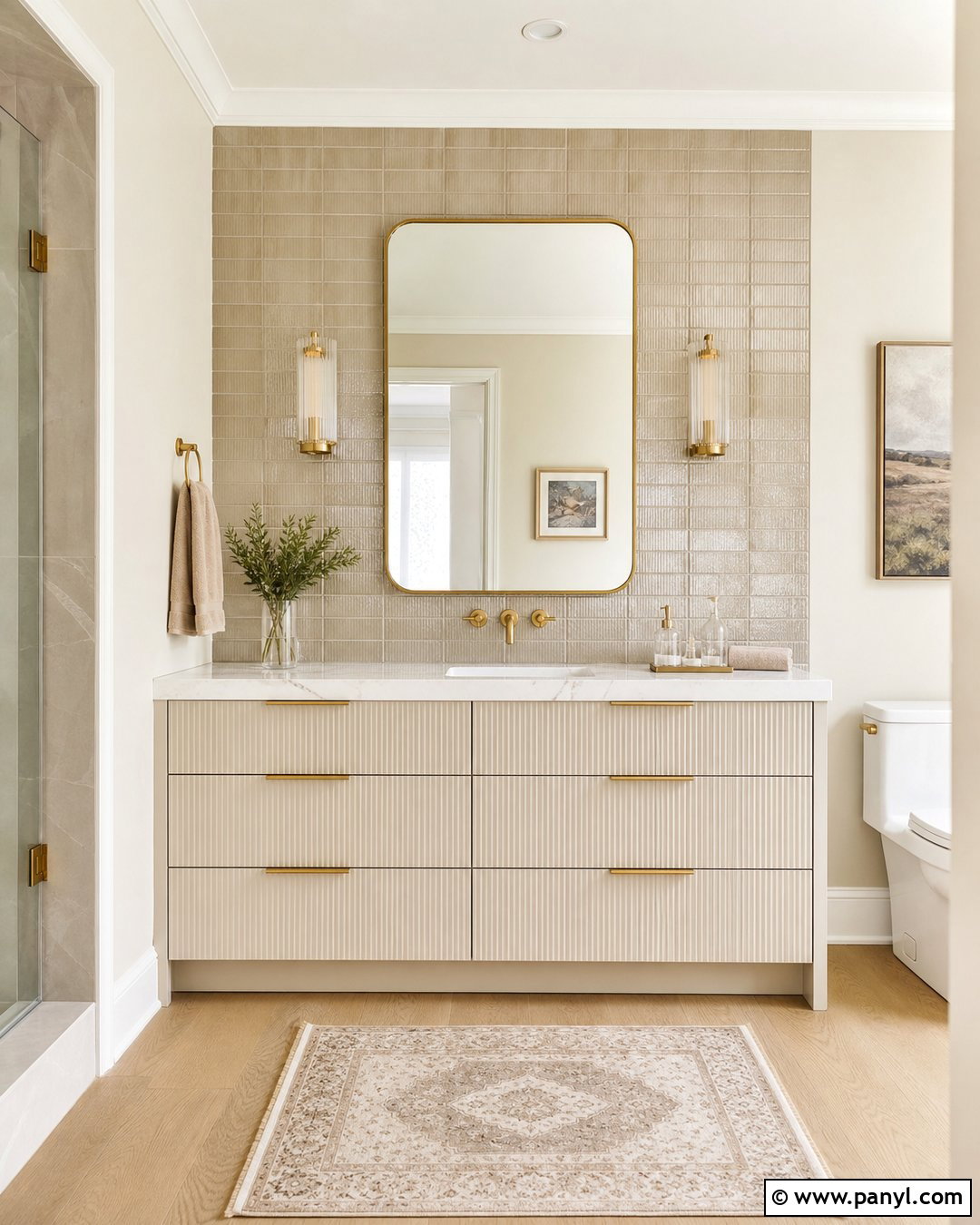 Champagne Gold Subway Tile Wall - 20 Metallic Accent Wall Bathroom Ideas