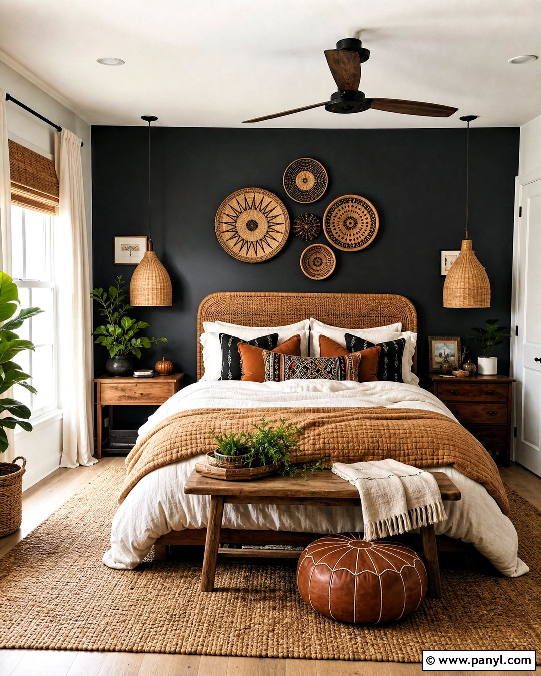 Charcoal Accent Wall With Rattan Decor - 20 charcoal accent wall bedroom ideas