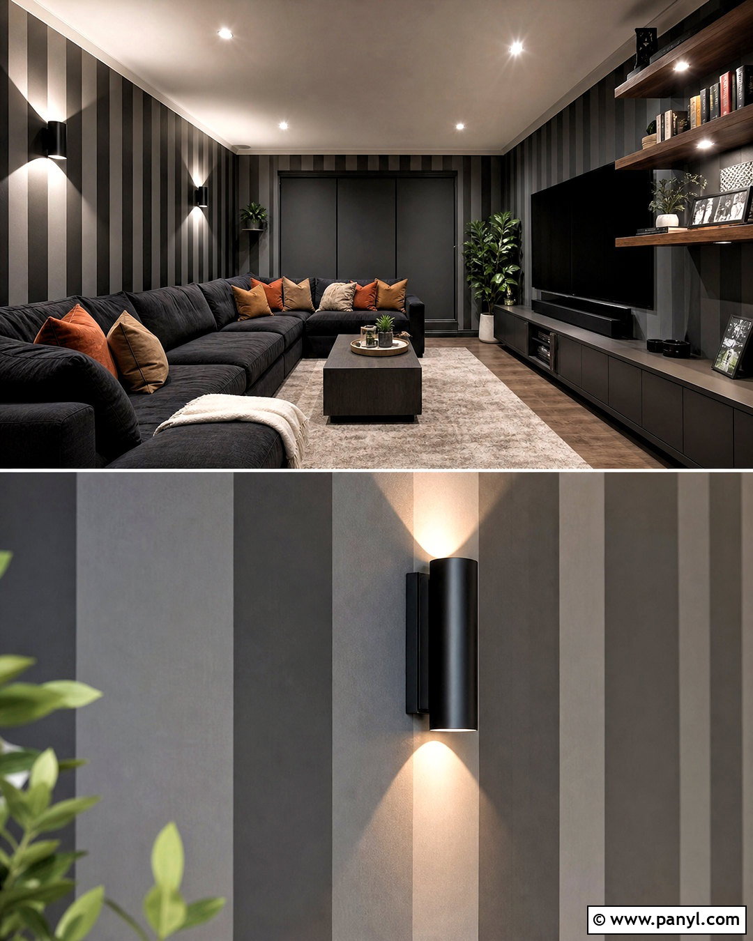 Charcoal And Gray Vertical Striped Media Room - 20 striped walls vertical ideas