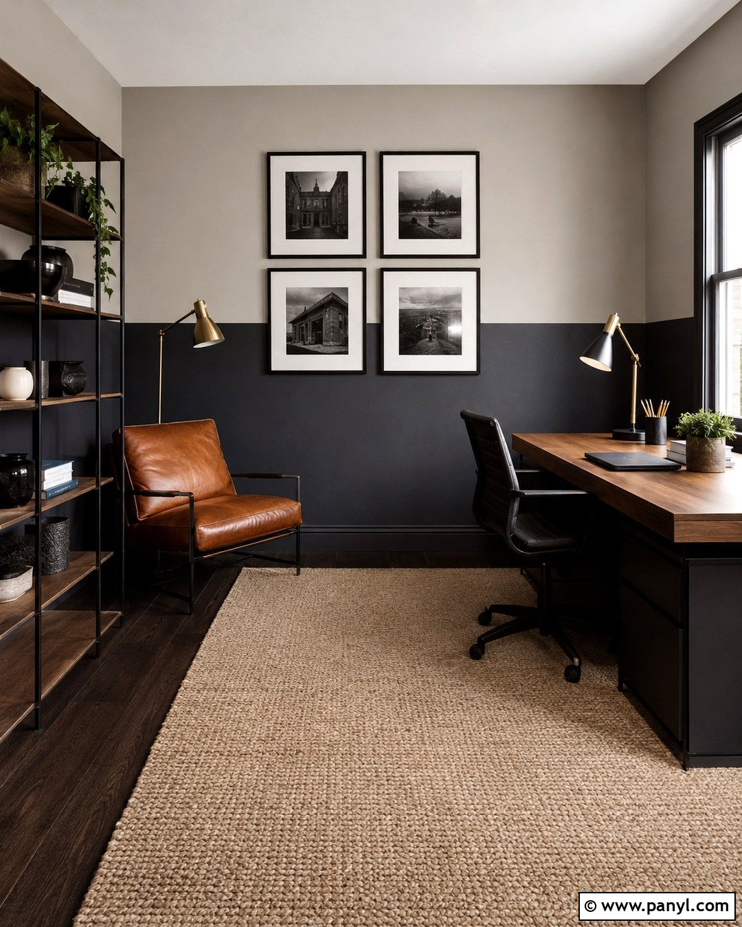 Charcoal And Greige Half-Painted Home Office - 20 Room Painted Half And Half Ideas