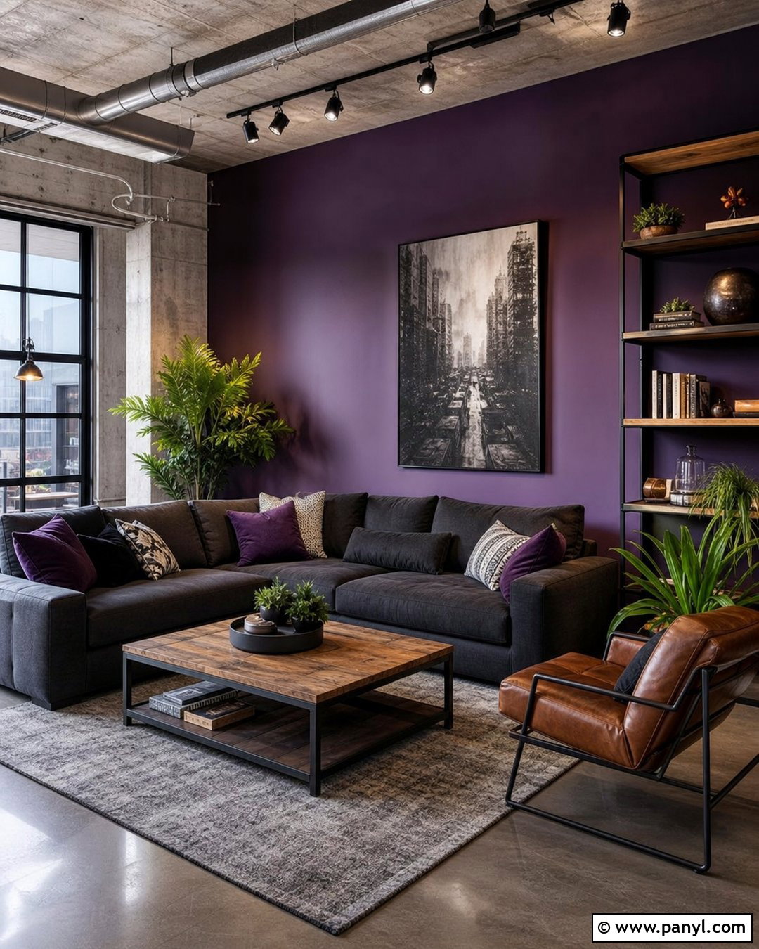 Charcoal And Purple Industrial Living Room - 30 Purple Accent Wall Living Room Ideas