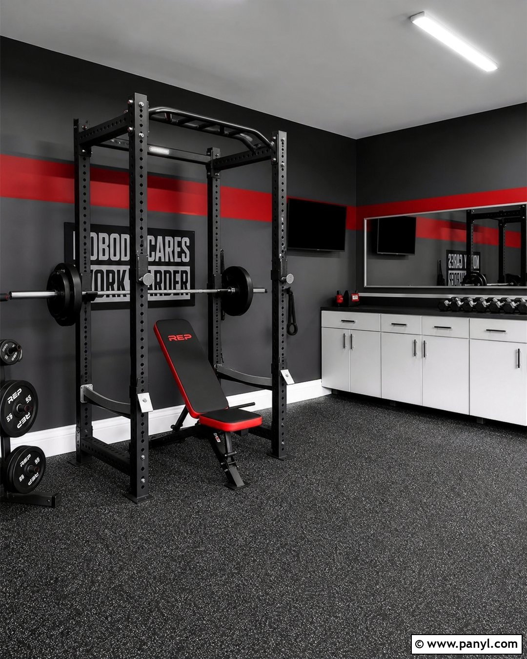 Charcoal And Red Stripe Garage Gym Walls - 20 Garage Gym Wall Color Ideas
