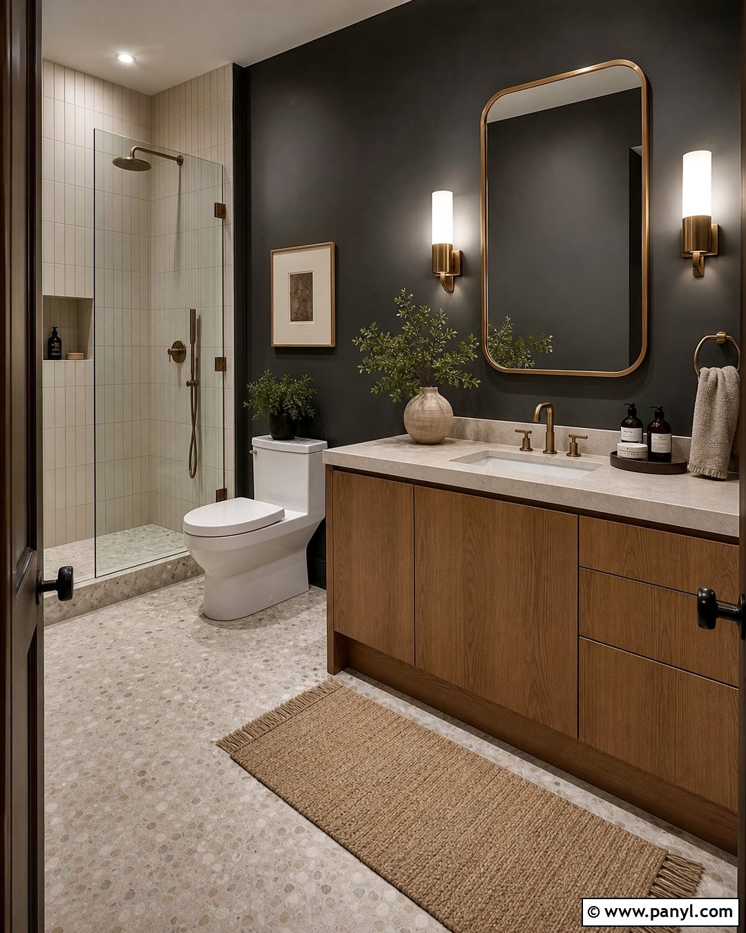Charcoal Bathroom Walls With Oak Vanity - 30 Bathroom Dark Walls