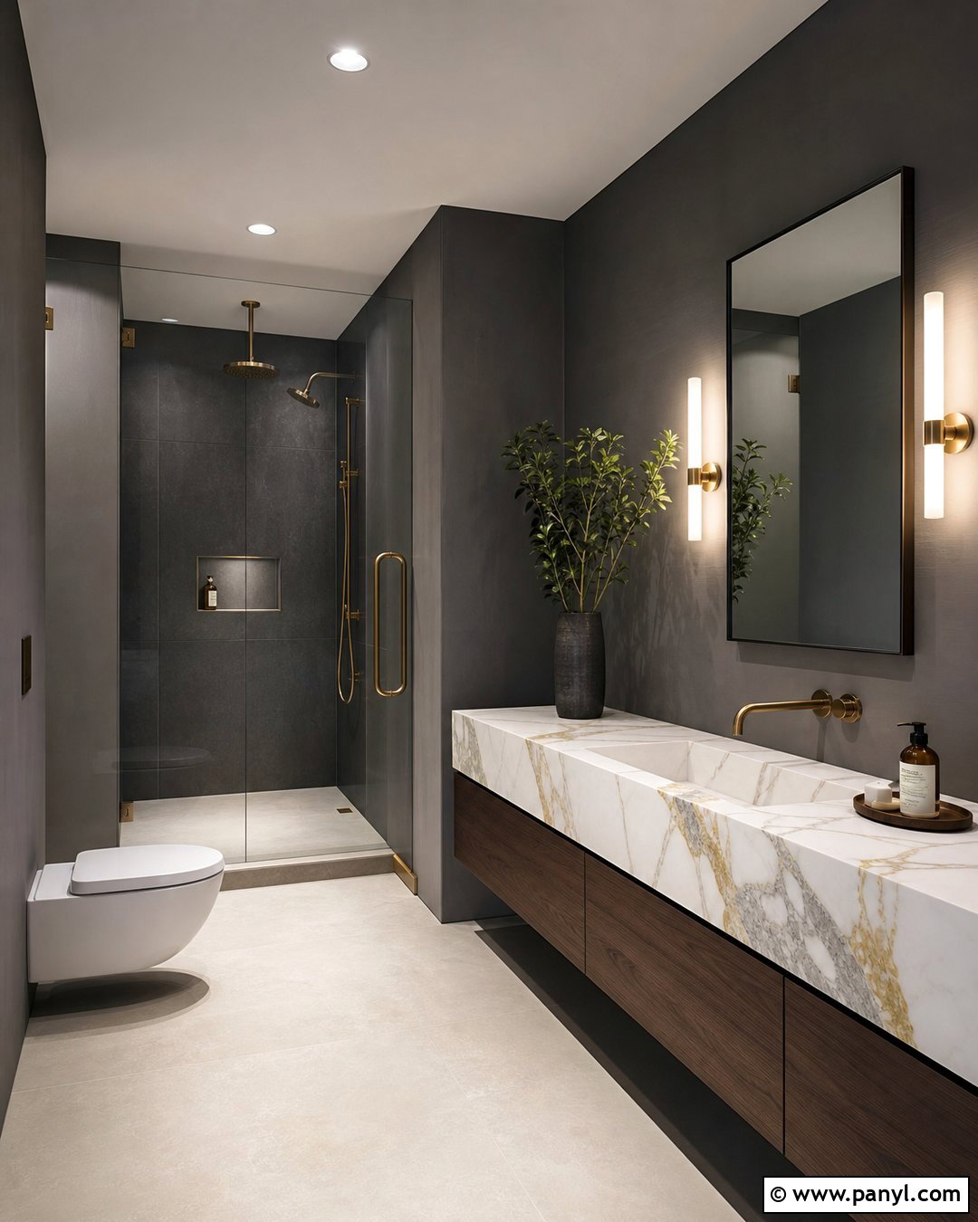 Charcoal Bathroom With Calacatta Marble Sink - 20 Modern Bathroom With Dark Walls And Marble Sink Ideas