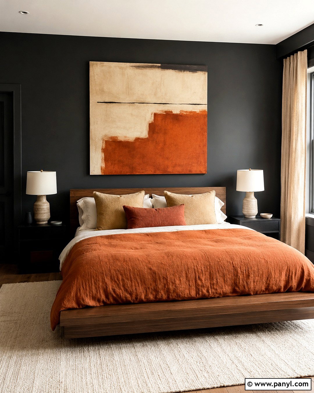Charcoal Bedroom With Rust Bedding - 20 Charcoal Wall Color Ideas