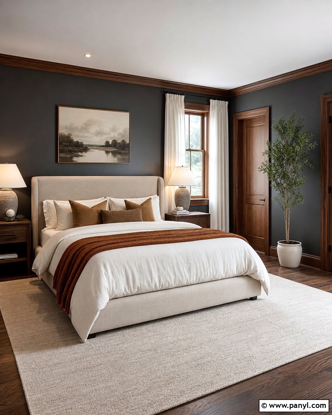 Charcoal Bedroom With Walnut Woodwork - 20 Dark Walls Unpainted Woodwork Ideas