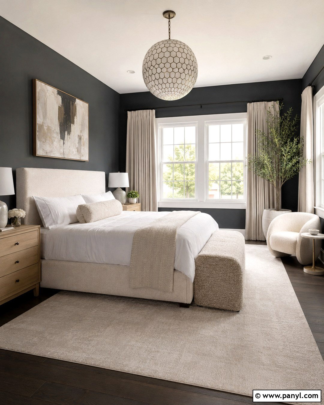 Charcoal Bedroom With White Windows - 20 Dark Walls White Windows
