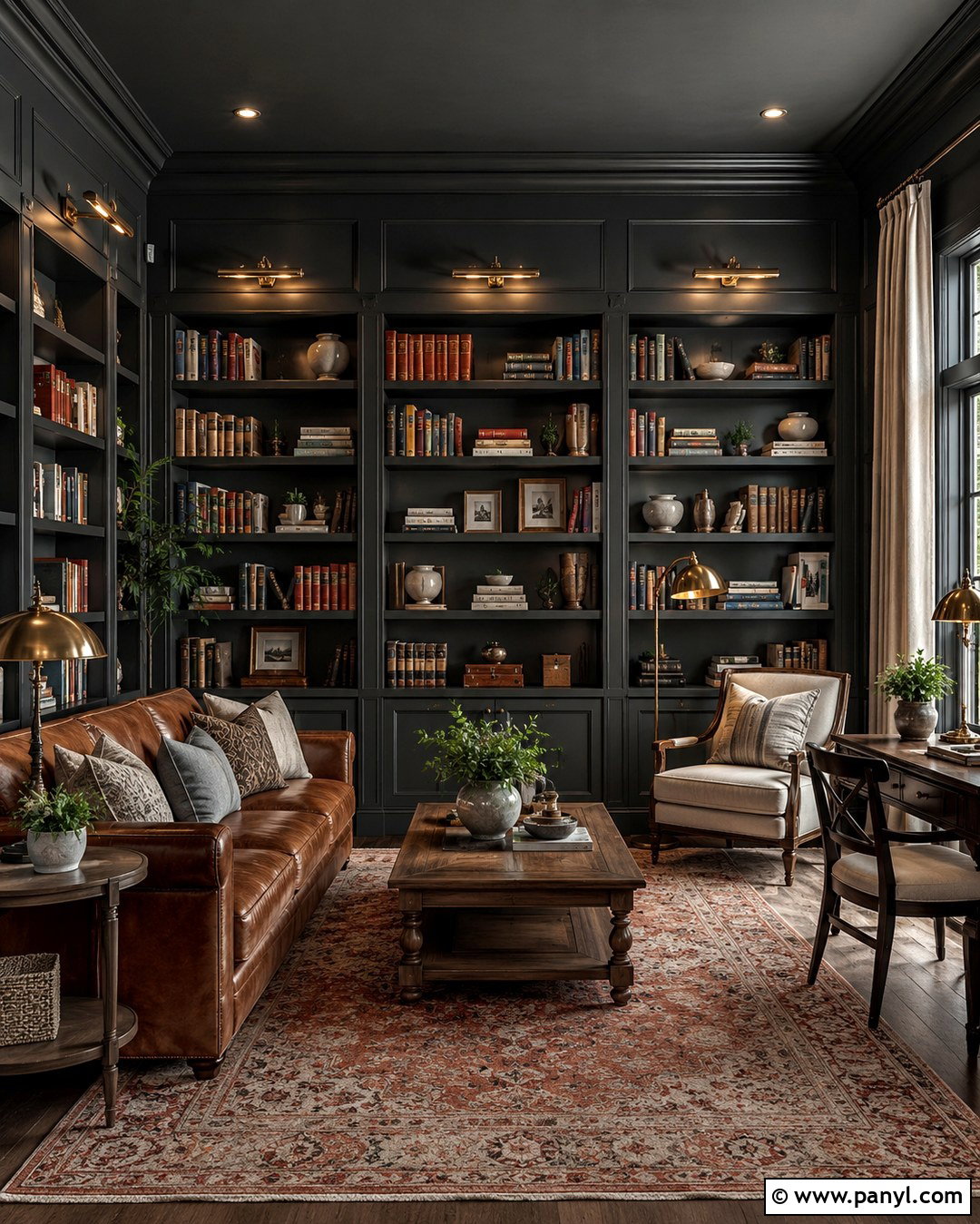 Charcoal Color Drenched Library - 20 Charcoal Wall Color Ideas