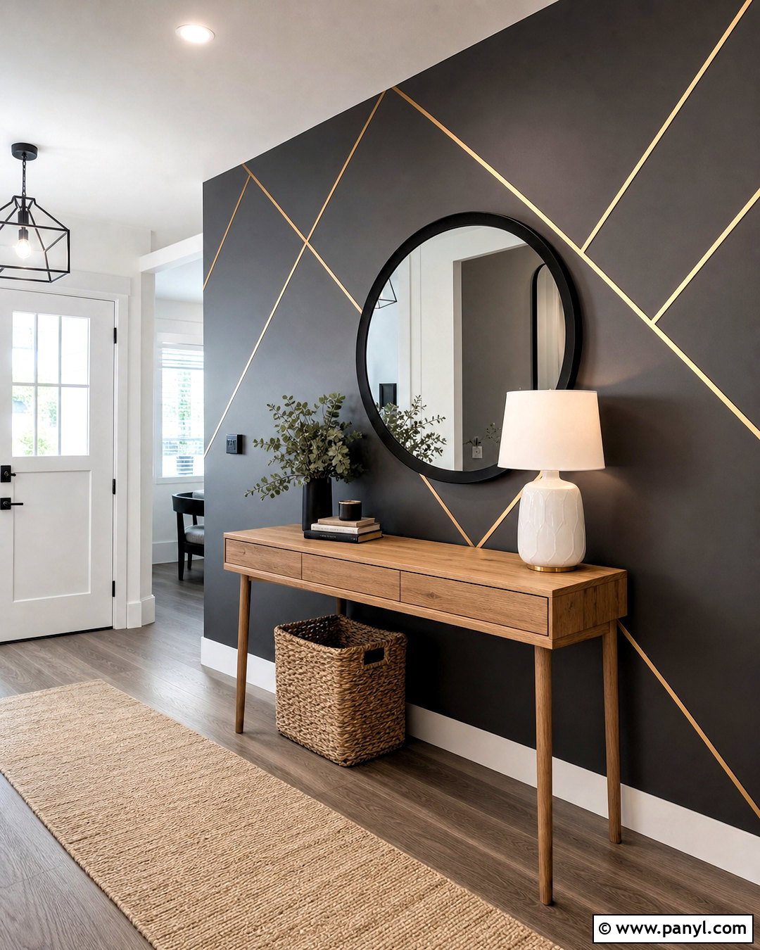 Charcoal Entryway Wall With Diagonal Gold Strips - 20 golden strips on wall ideas