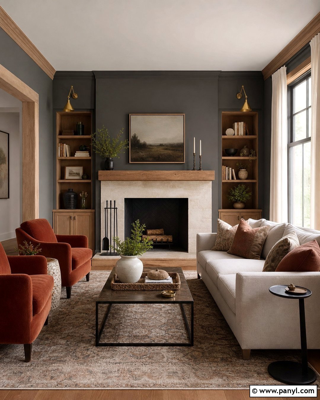 Charcoal Fireplace Room With Wood Mantel - 20 Dark Walls Unpainted Woodwork Ideas