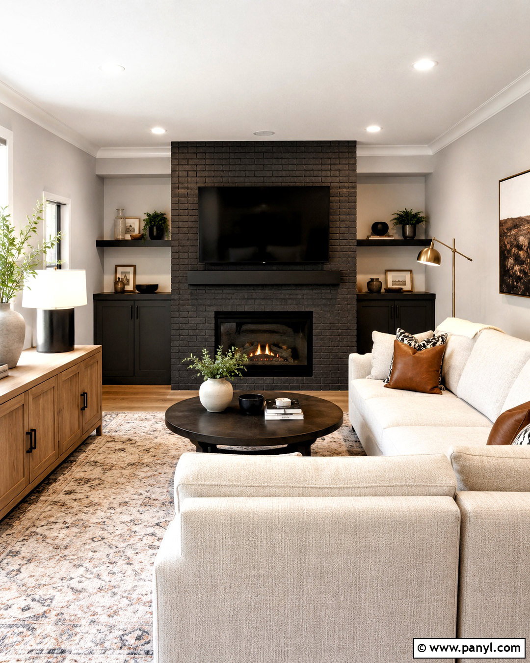 Charcoal Fireplace With TV - 20 dark painted fireplace ideas