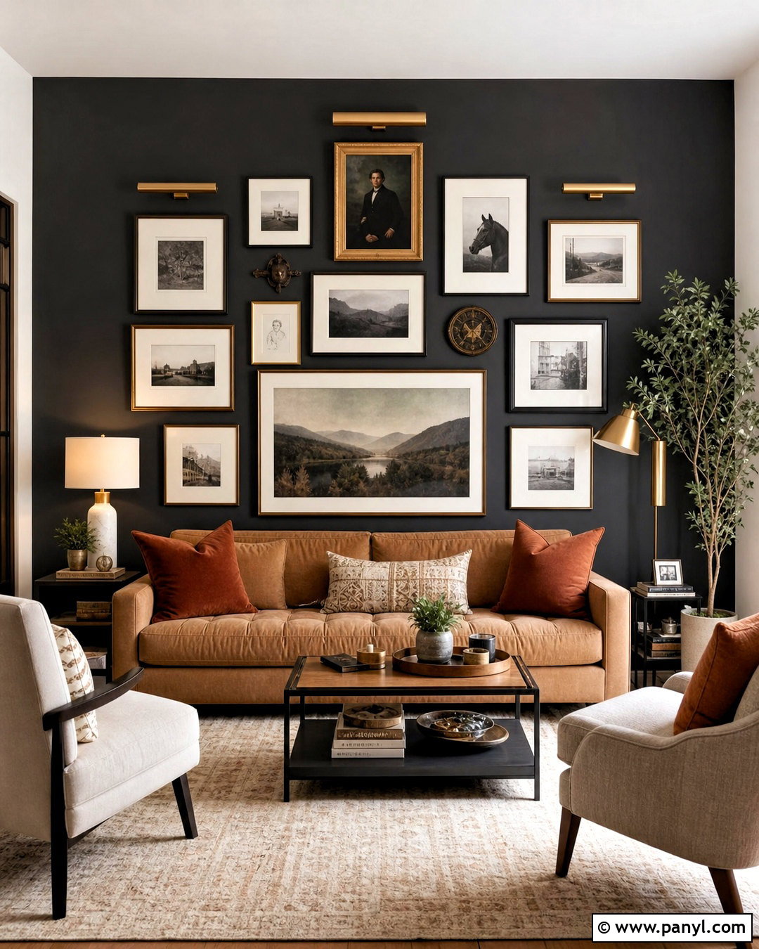 Charcoal Gallery Wall - 20 dark accent wall living room ideas