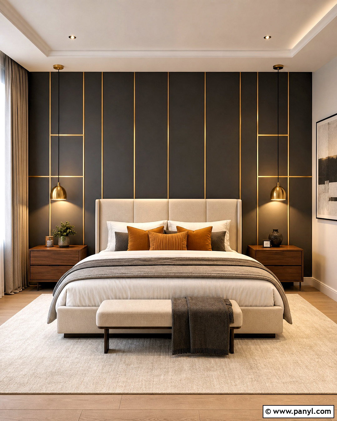 Charcoal Golden Strip Headboard Wall - 20 golden strip wall design ideas