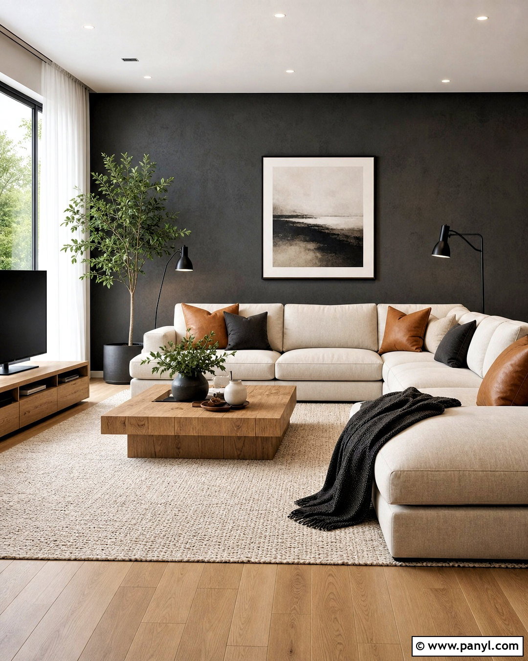 Charcoal Gray Accent Wall With Light Wood Furniture - 20 accent wall gray living room ideas