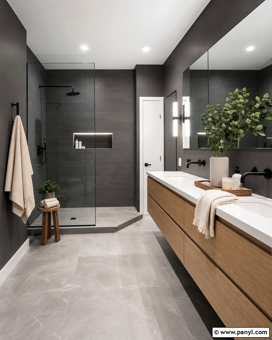 Charcoal Gray And Natural Wood Bathroom - 20 Aesthetic Bathroom Color Schemes