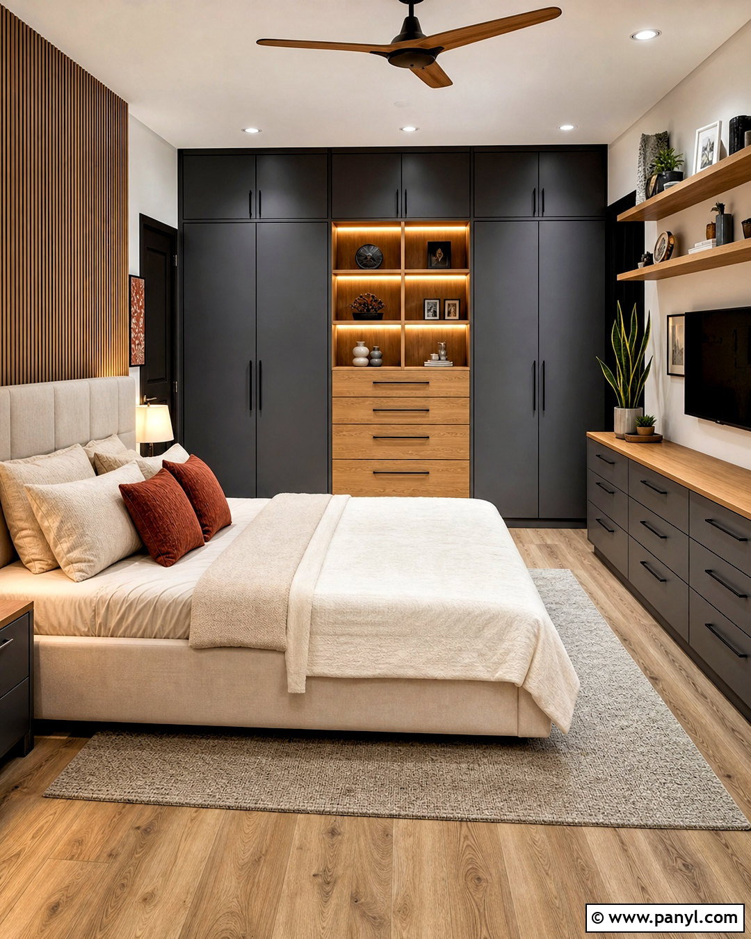 Charcoal Gray And Warm Oak Bedroom Cupboards - 20 bedroom cupboards colour combination ideas