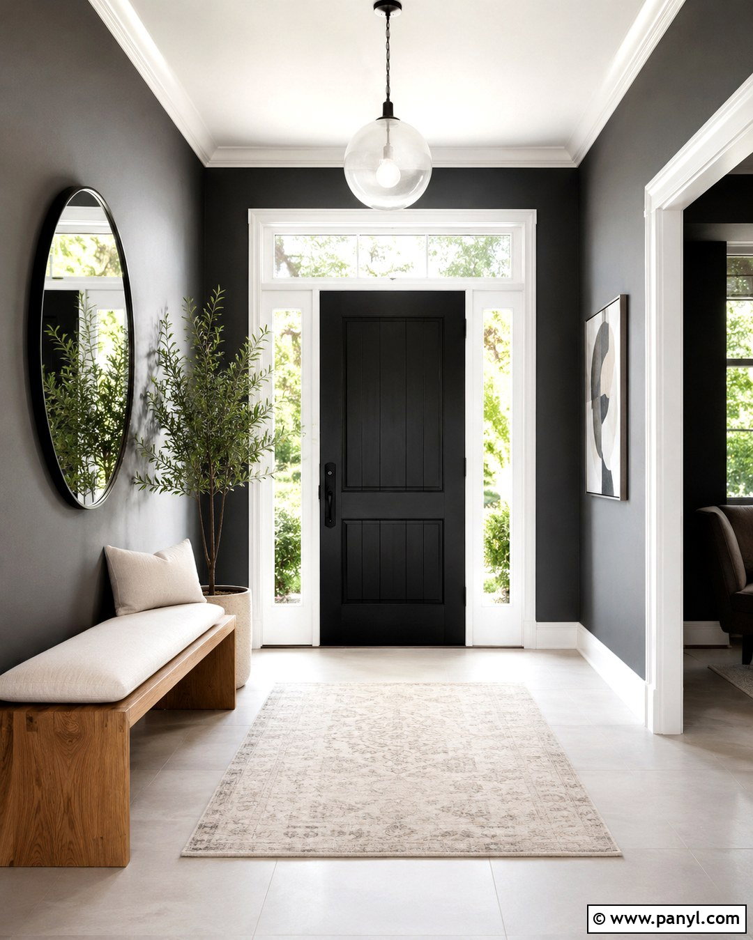 Charcoal Gray Foyer With Black Door - 20 Black Door Grey Walls