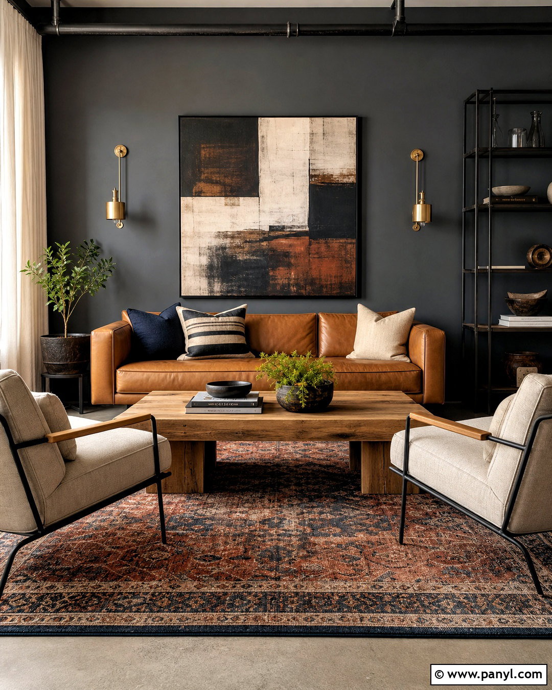 Charcoal Gray Wall With Cognac Leather - 20 gray wall design ideas