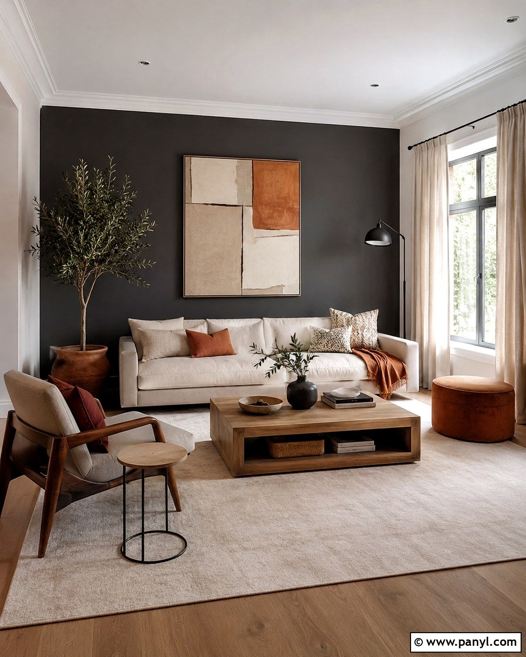 Charcoal Grey Feature Wall Behind A Cream Sofa - 20 Charcoal Grey Feature Wall Ideas