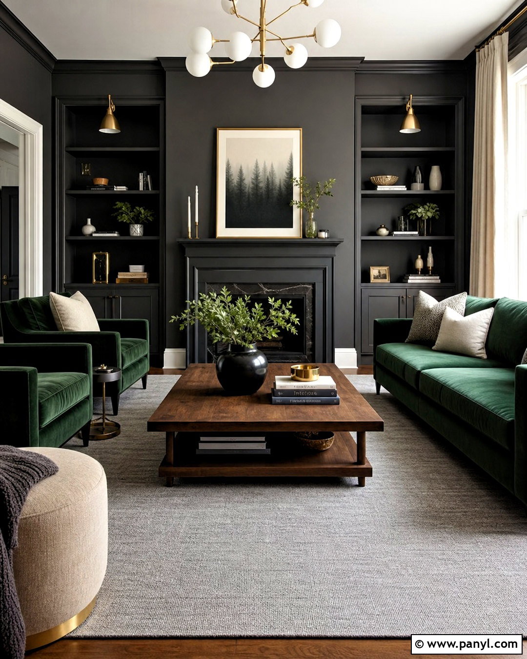 Charcoal Grey Living Room With Green Velvet Sofa - 20 dark green and grey living room ideas