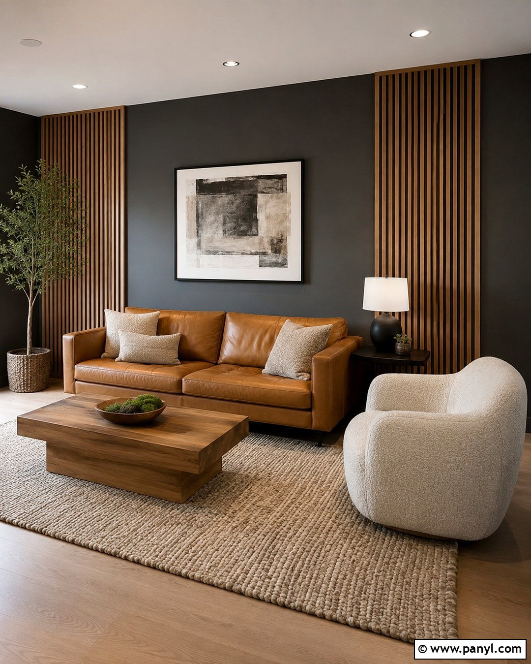 Charcoal Grey Wall With Natural Wood Slats - 20 Charcoal Grey Feature Wall Ideas