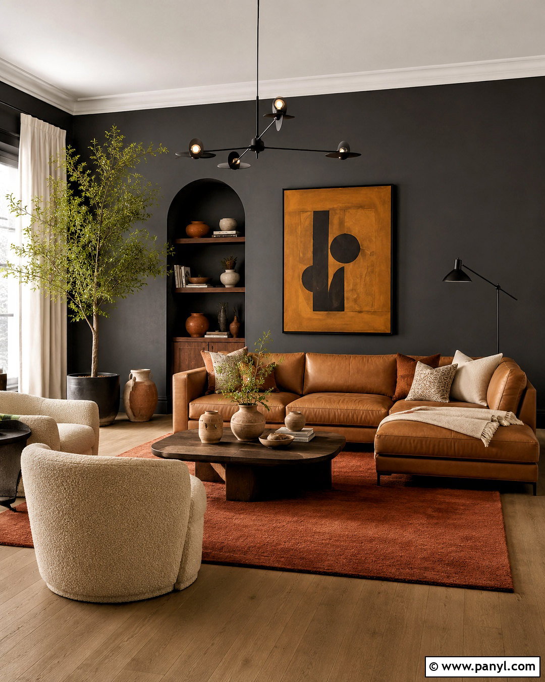 Charcoal Grey Walls With Camel Leather - 40 Grey Wall Color Ideas