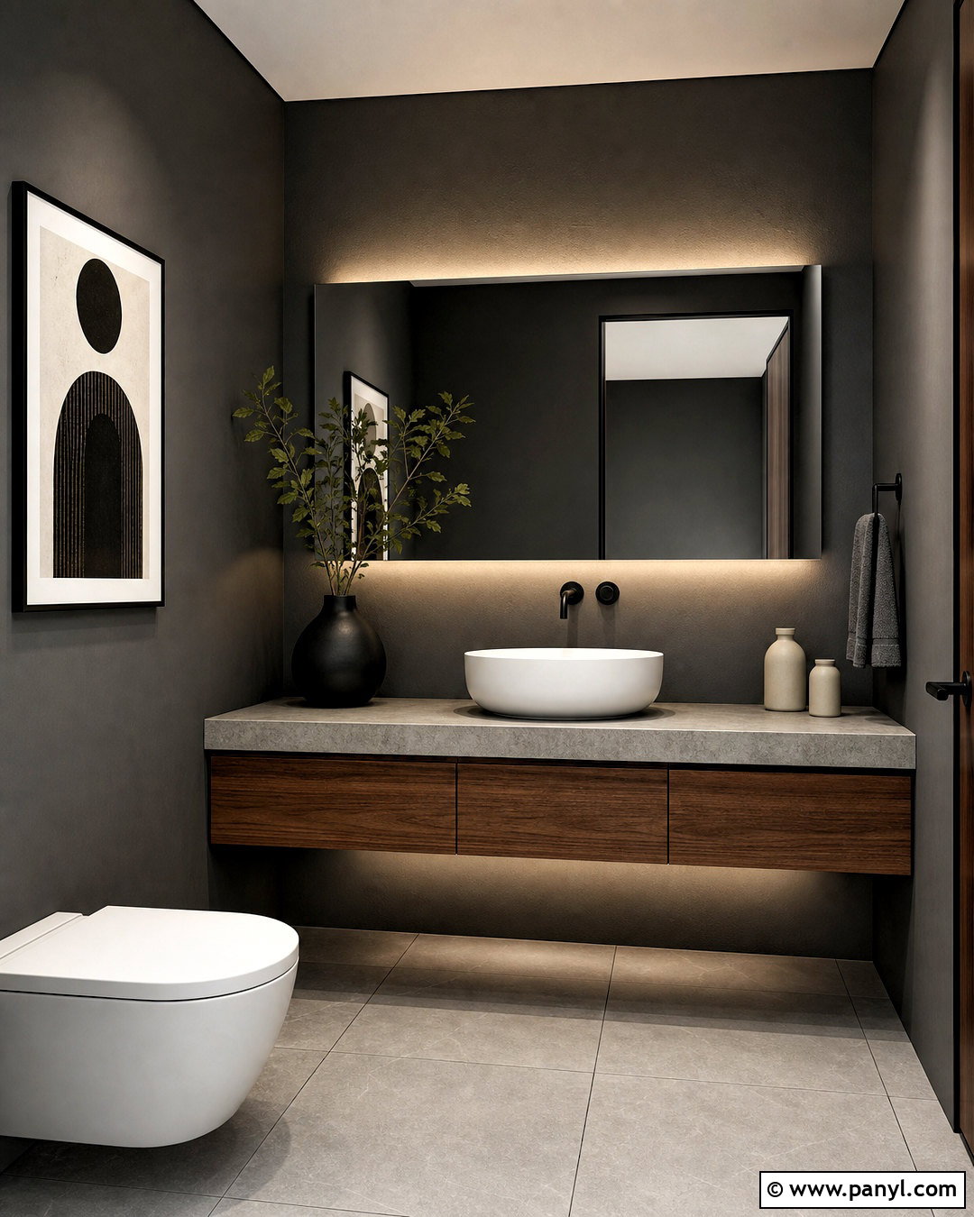 Charcoal Half Bathroom With Floating Vanity - 20 dark half bathroom ideas