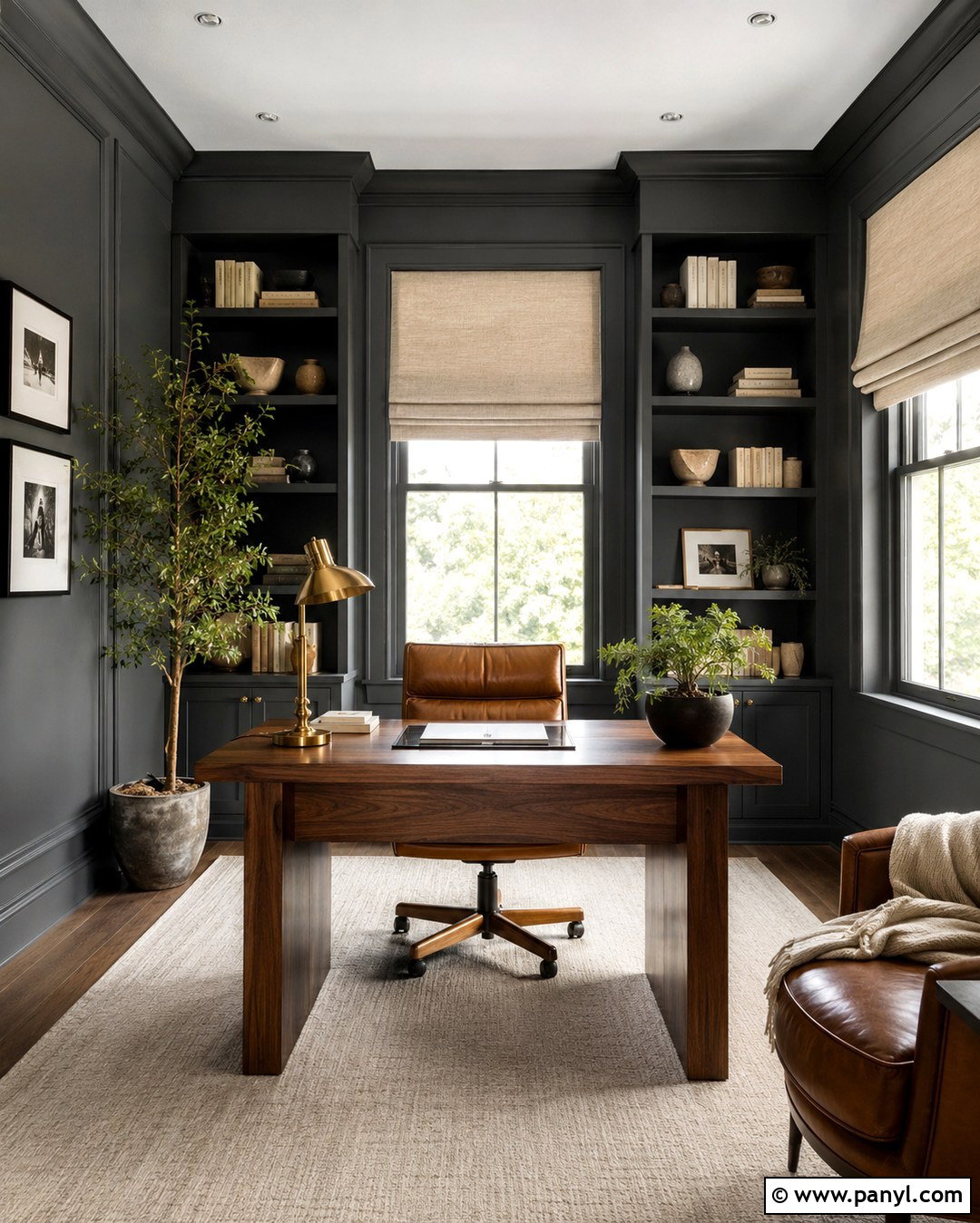Charcoal Home Office With Built-In Shelves - 20 Charcoal Wall Color Ideas