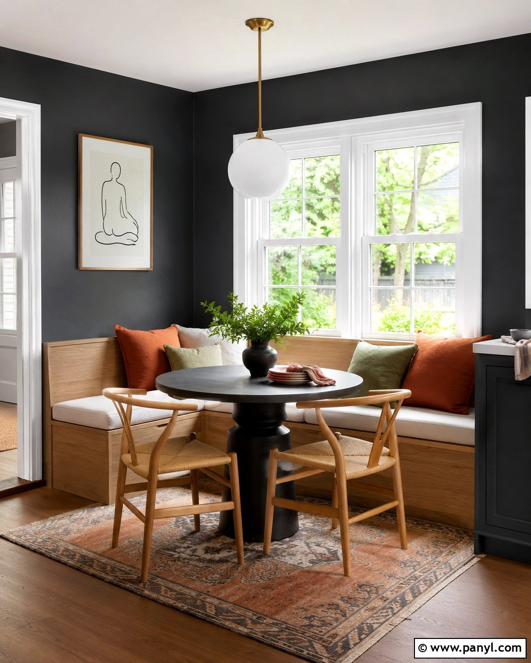 Charcoal Kitchen Nook With White Windows - 20 Dark Walls With White Windows