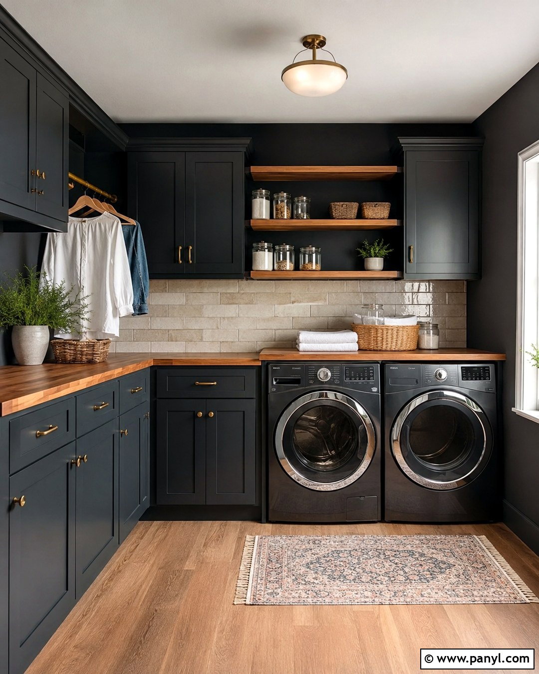 Charcoal Laundry Room With Butcher Block Counters - 20 Dark Wall Laundry Room Ideas
