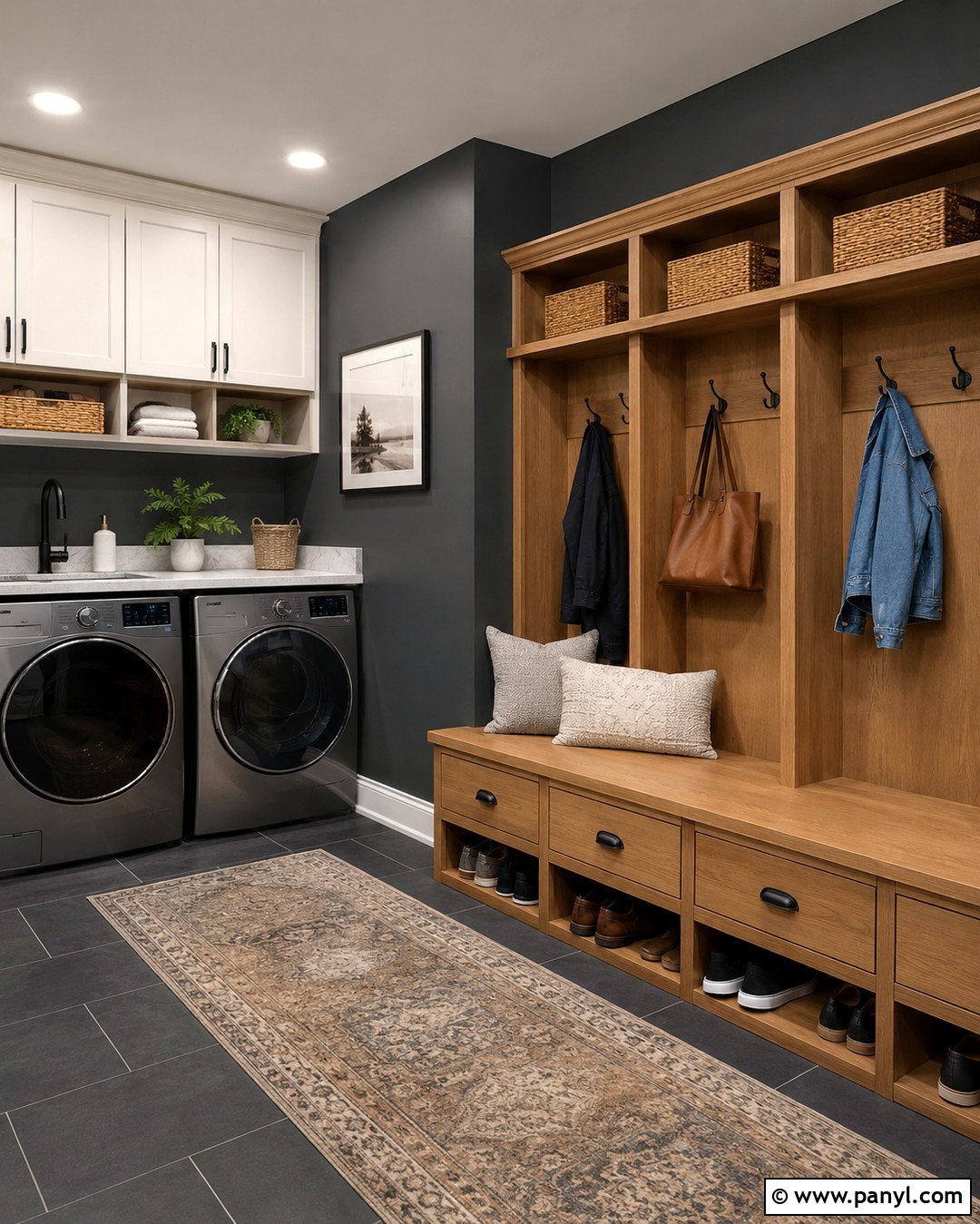 Charcoal Laundry Room With Mudroom Storage - 20 Dark Wall Laundry Room Ideas