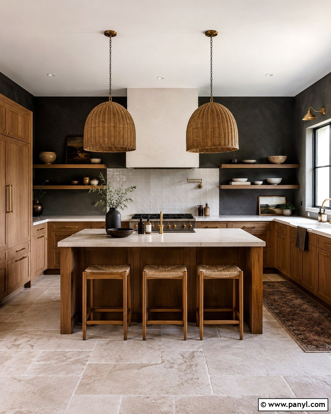 Charcoal Limewash Kitchen Wall With Wood Cabinets - 20 dark wall in kitchen ideas